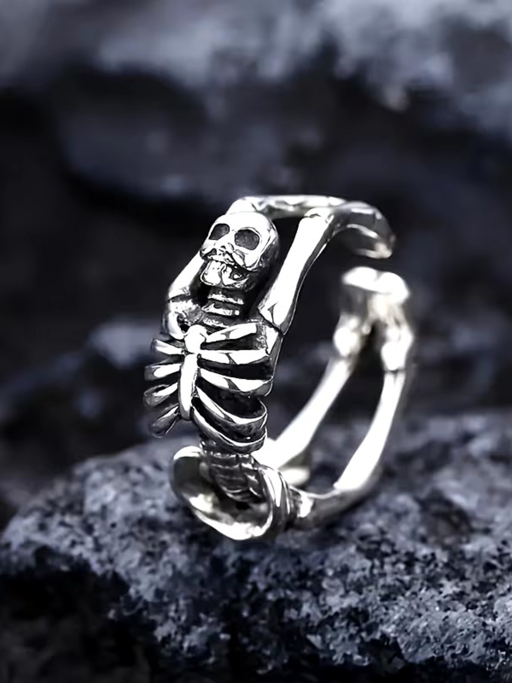 Adjustable Silver Skeleton Ring - Gothic Skull Band - Halloween Jewelry